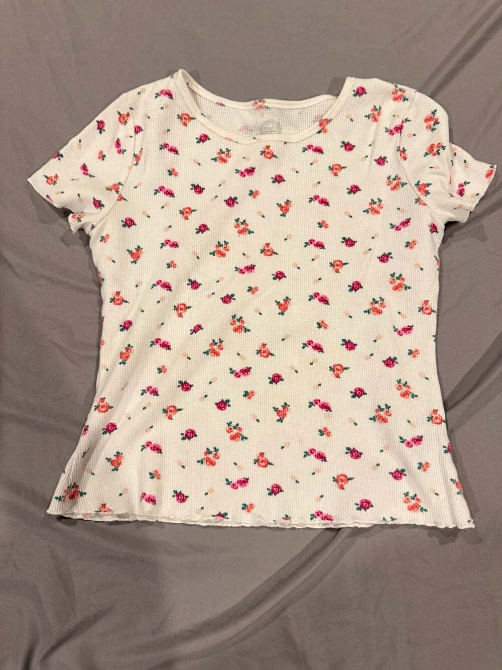 Wonder Nation Floral Waffle Top Size XL Girls (14-16) Cream Short Sleeve